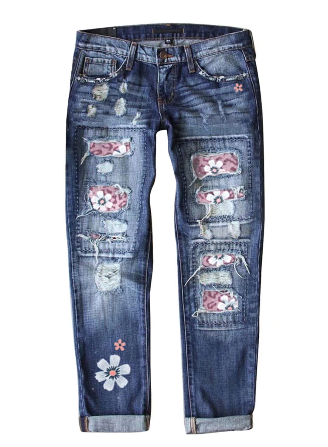 LAFOURAM Women's Boyfriend Patchwork Distressed Ripped Skinny Jeans with Holes - Trendy High Waist Denim Pants for Casual Outfits & Street Style Fashion