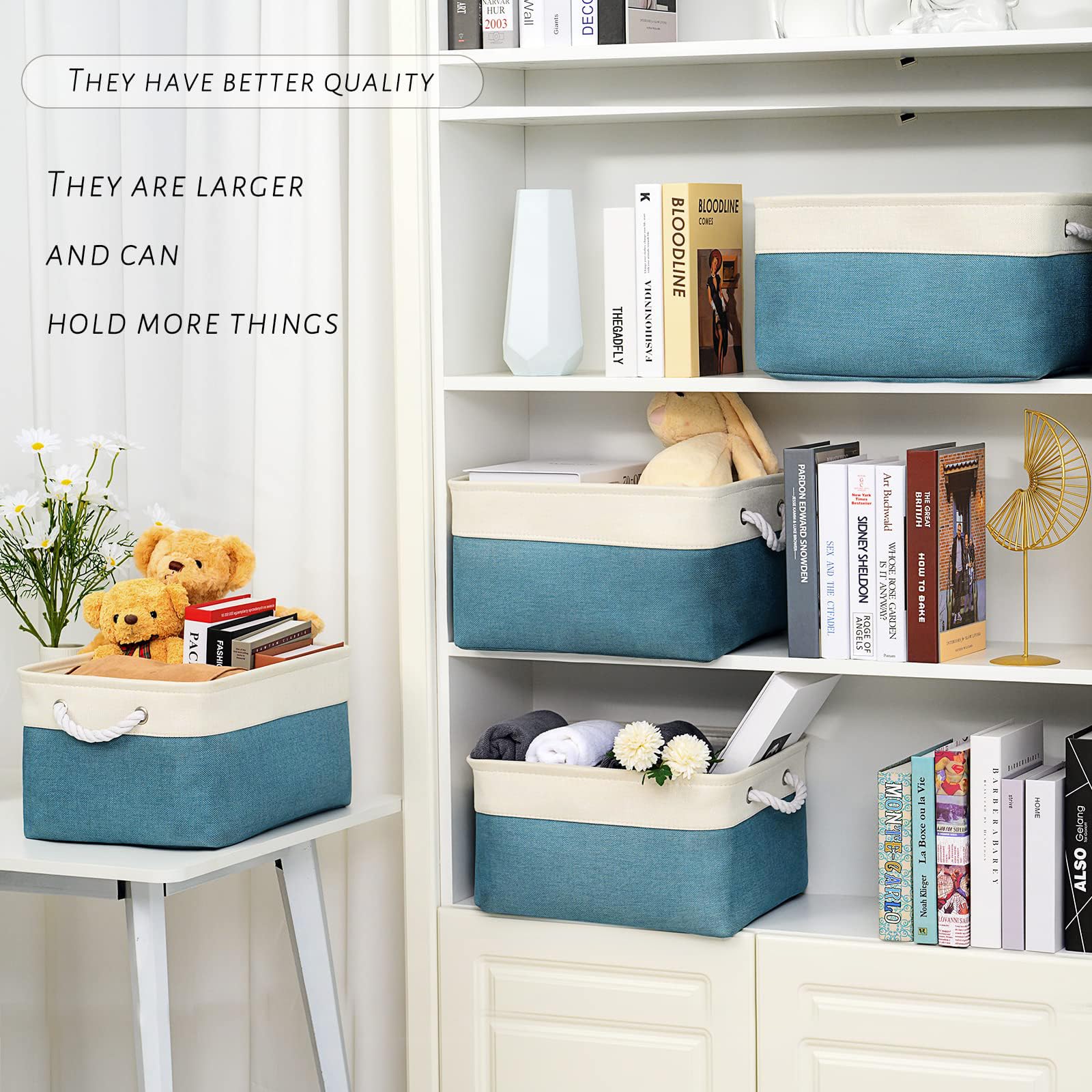 TcaFmac 4-Pack Large Fabric Storage Bins & Collapsible Baskets with Rope Handles - 16x12x8 Inch Organizer for Shelves, Closet, Toys (White & Green) | Perfect for Home Organization, Nursery, and Office Storage