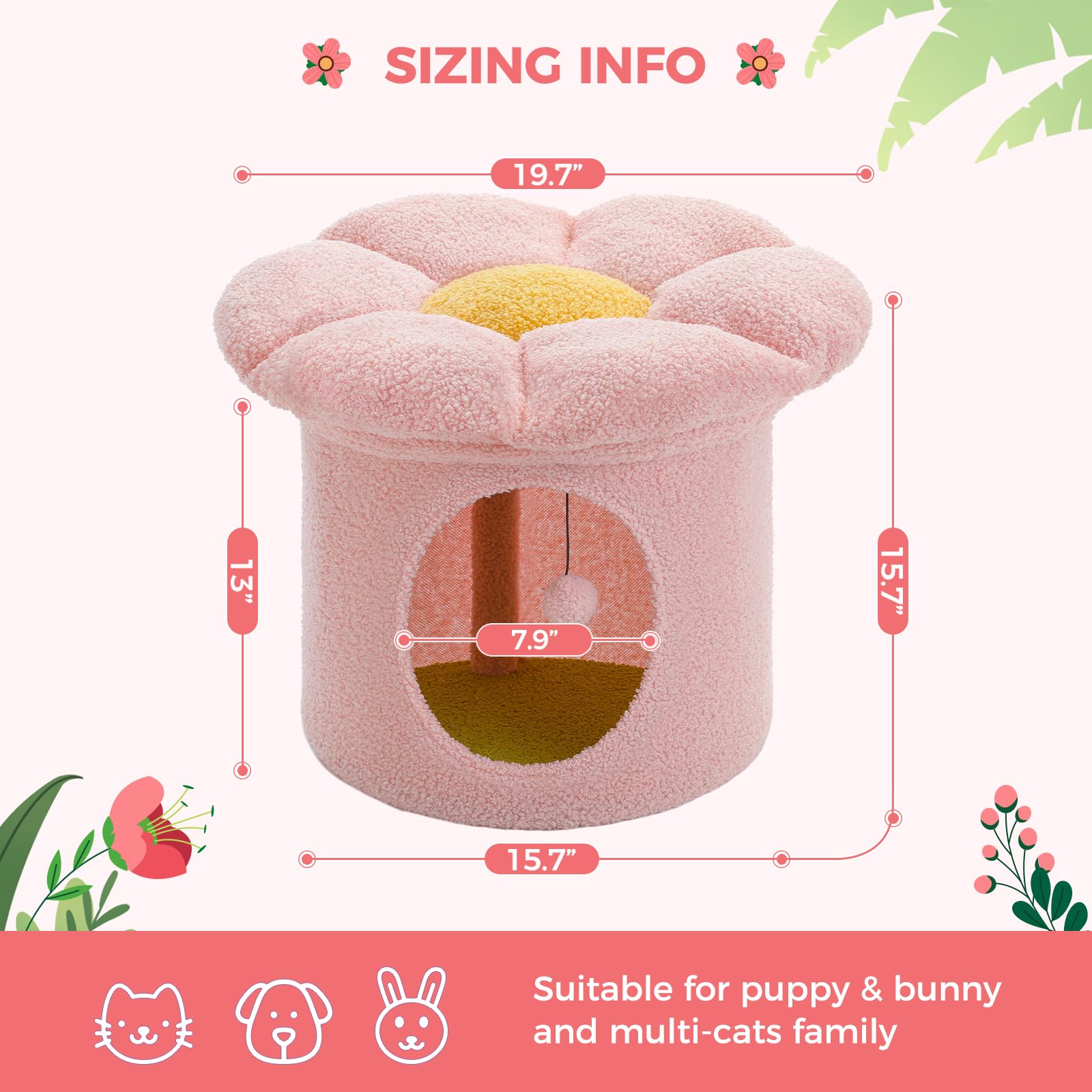 Cozy Pink Cat Bed for Indoor Cats - Small Pet Tree House with Removable Flower Design, 20x20x16 Inch Hideaway & Condo | Perfect for Napping, Playtime & Home Decor