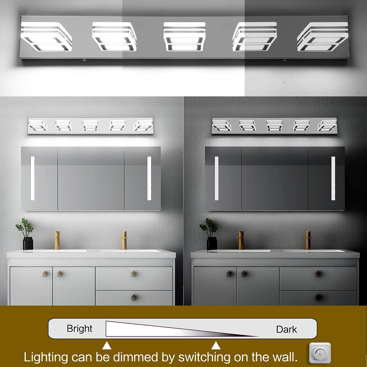 Modern Dimmable LED Bathroom Vanity Lights - Chrome 5 Lights for Mirror & Wall - Perfect for Makeup & Grooming