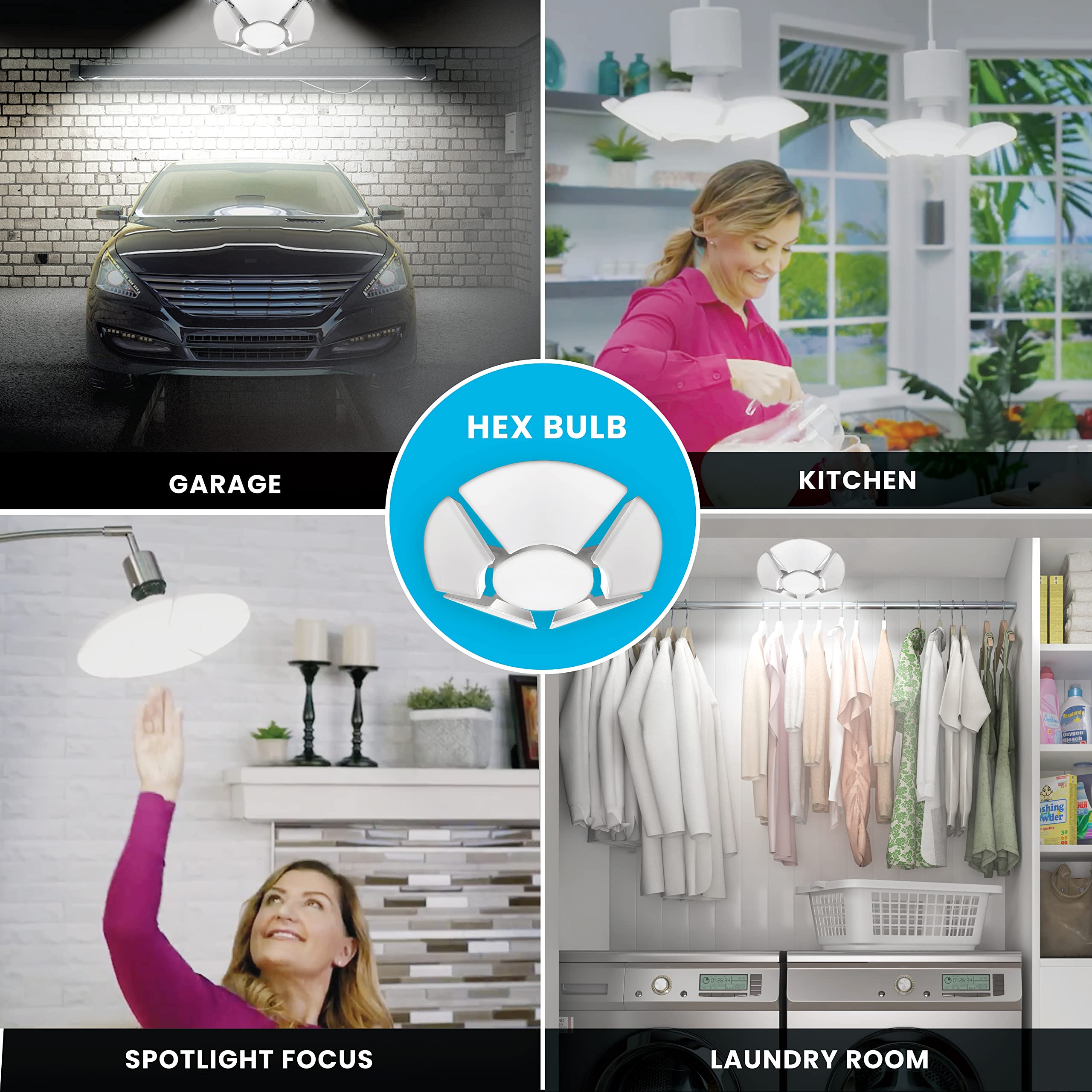 Bell+Howell Hex Bulb E26 LED Garage Light - 6 Panel Adjustable Shop Light with 144 LEDs, 5000K Daylight, 6000 Lumens - High-Intensity Ceiling Lighting for Attic, Basement, Office, Warehouse & Workshop (Easy Installation, Energy Saving) - Perfect for DIY Projects, Auto Repair & Industrial Workspaces