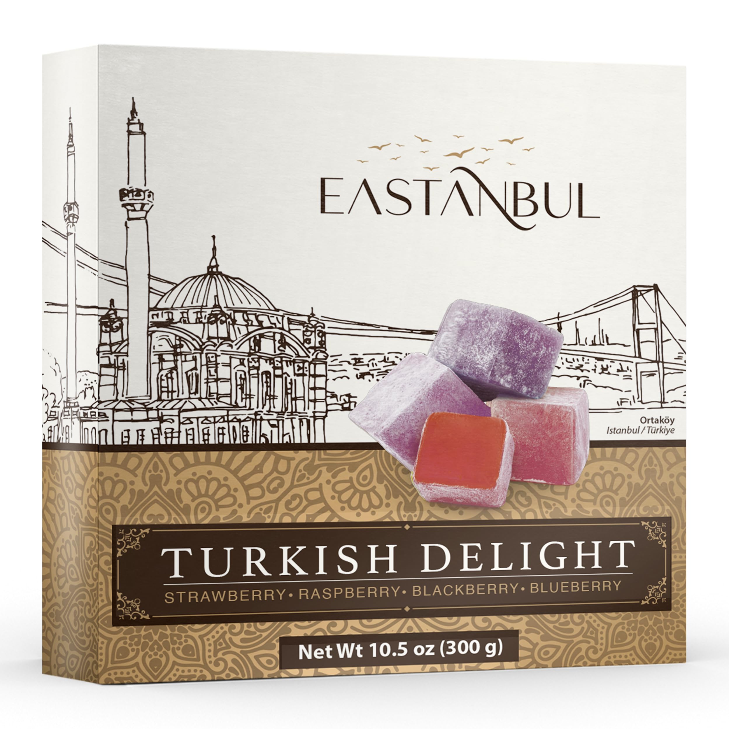 Premium Eastanbul Turkish Delight Lokum - 10.5oz Assorted Fruit Flavors (Strawberry, Blackberry, Raspberry, Blueberry) | Gluten-Free, Vegan, No Artificial Ingredients | Authentic Turkish Candy Gift Box | Perfect for Holidays, Parties & Gourmet Dessert Platters