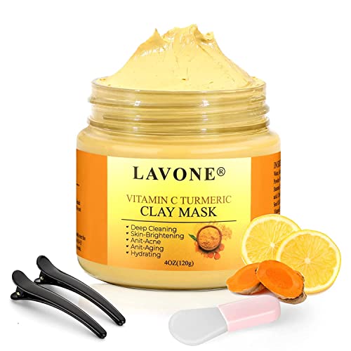 LAVONE Turmeric Vitamin C Clay Mask - Brightening & Purifying Face Mask with Vitamin C, Aloe & Turmeric Extract for Dark Spots, Acne, Blackheads, Oily Skin & Pore Refinement - 4 Oz for All Skin Types | Perfect for Weekly Detox & Glowing Skin Routine