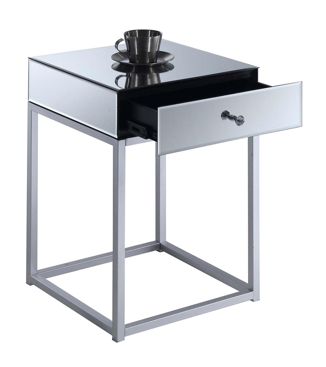 Convenience Concepts Reflections End Table - Modern Mirror Finish Silver Accent Side Table for Living Room, Bedroom & Office Decor