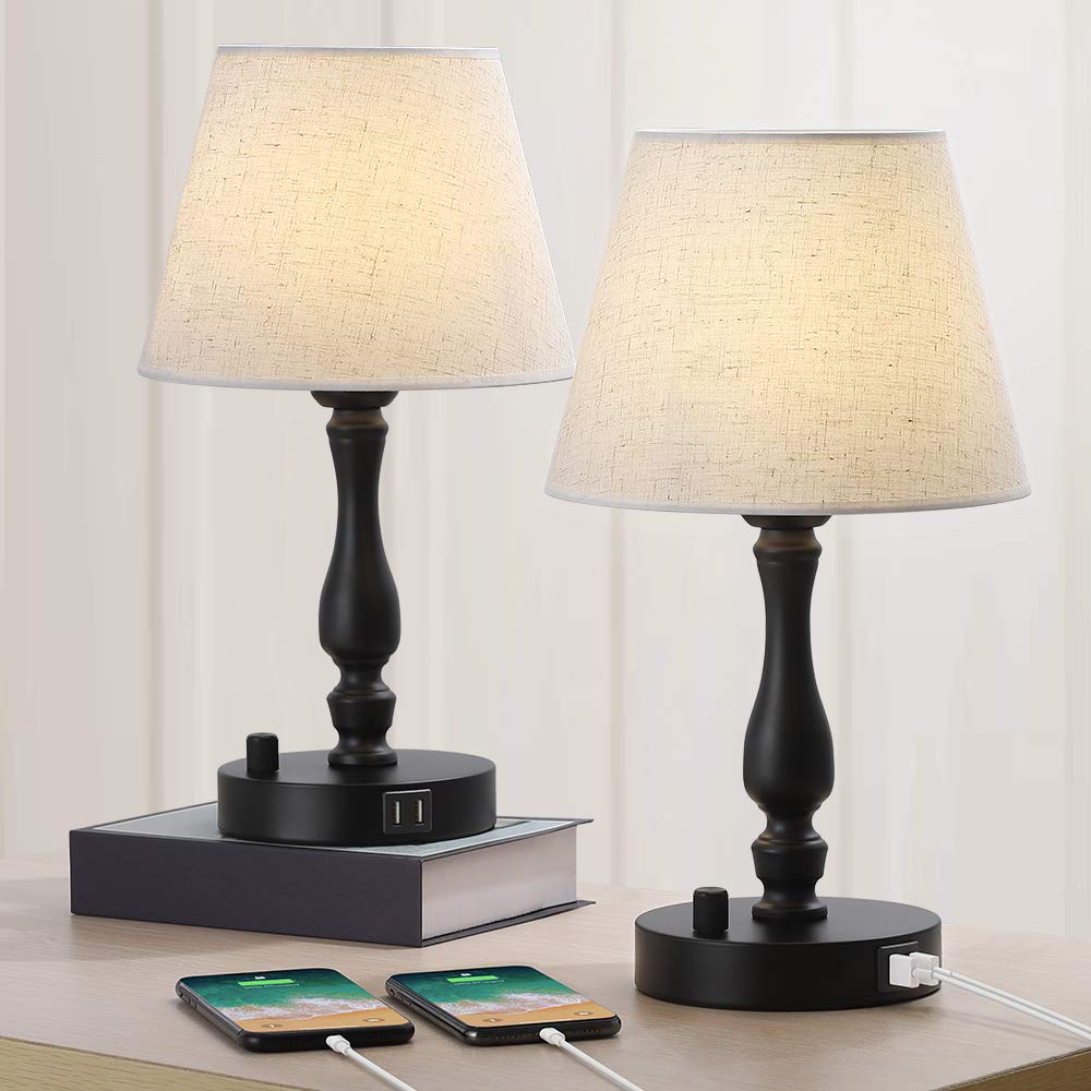 Dual USB Bedside Table Lamp Set of 2 with Fast Charging Ports - Modern Nightstand Lamp for Bedroom, Living Room, Office & Study - Perfect for Reading, Working & Nighttime Use