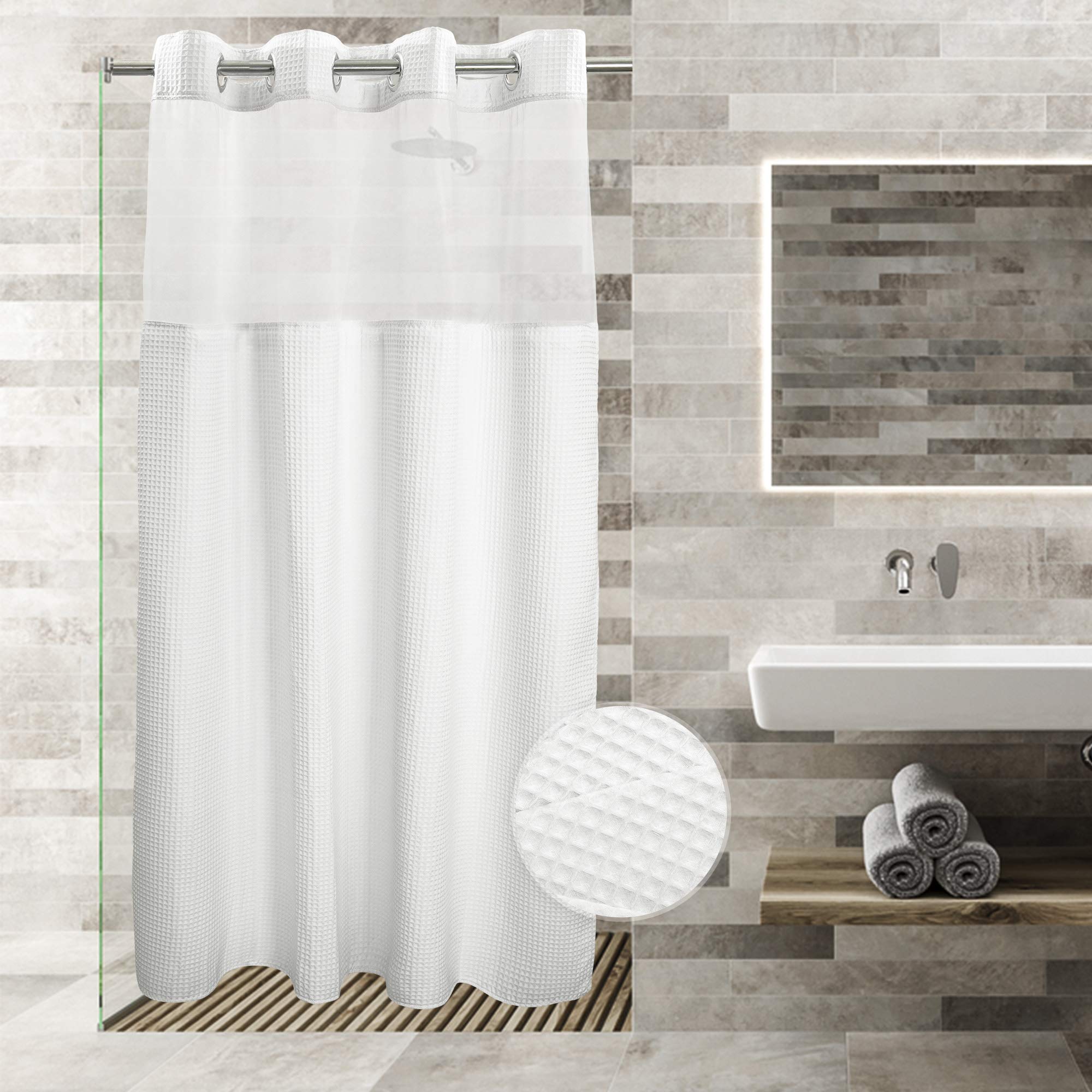 River Dream White Fabric Shower Curtain Set - Cotton Blend Waffle Weave with Snap-in Replacement Liner (54x80 Inches) | Bathroom Decor for Modern & Farmhouse Style Homes
