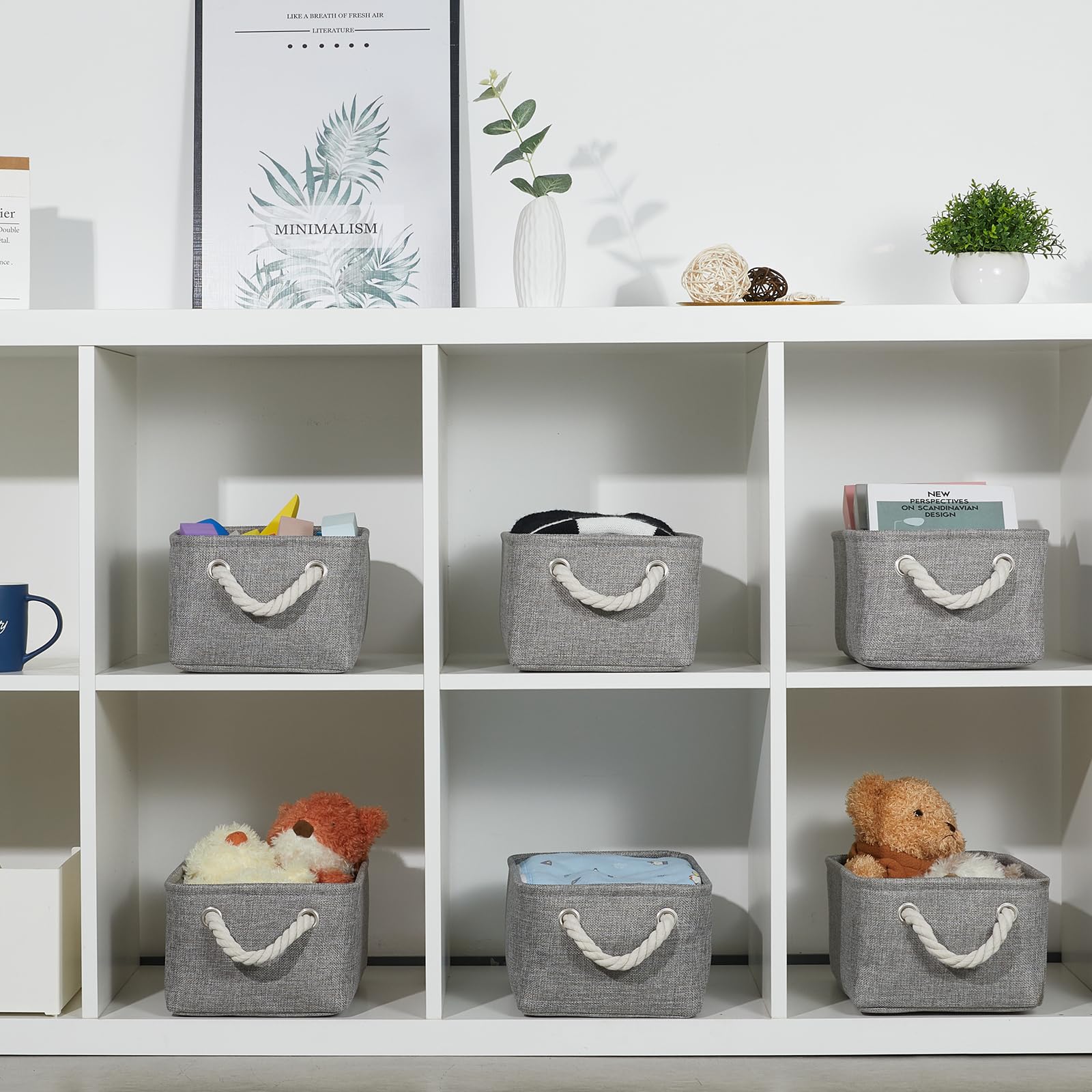 Small Gray Fabric Storage Bins Set of 6 - Collapsible Organizer for Closet & Shelf