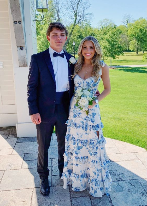Elegant Blue Floral A-Line Long Prom Dress with Layered Skirt - Sweet Formal Party Gown for Homecoming, Wedding, and Evening Events