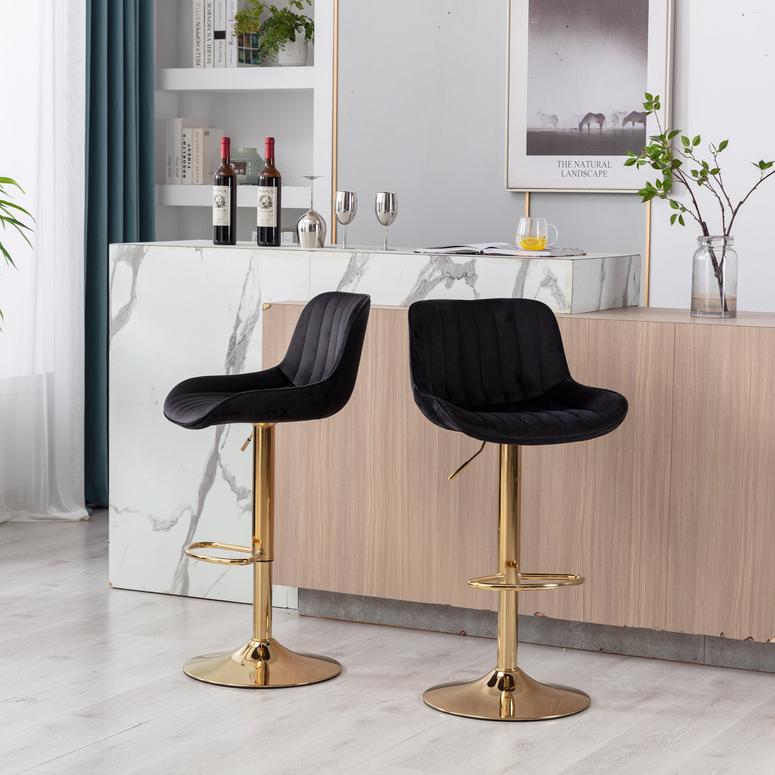 **Adjustable Chrome Footrest Swivel Bar Stool Set of 2 - Black Velvet Seat with Golden Legs for Kitchen Counter, Home Bar & Dining Room**