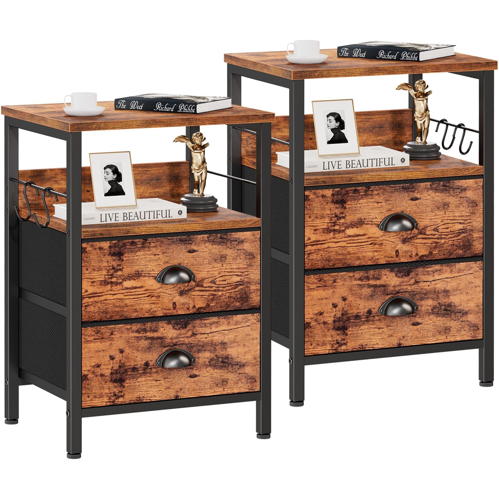 Furologee Nightstand Set of 2 - Modern Bedside Tables with 2 Fabric Drawers, Hooks & Shelf - Sturdy End Tables for Bedroom, Living Room, Study or Hallway - Brown Wood Finish - Perfect for Small Spaces & Apartment Decor