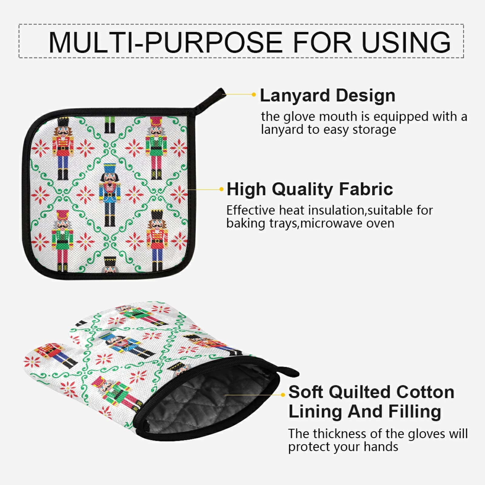 Christmas Nutcracker Oven Mitts & Pot Holders Set - Heat Resistant Kitchen Gloves for Baking, Cooking & BBQ - Festive Holiday Soldier Design for Xmas Decor & Gift