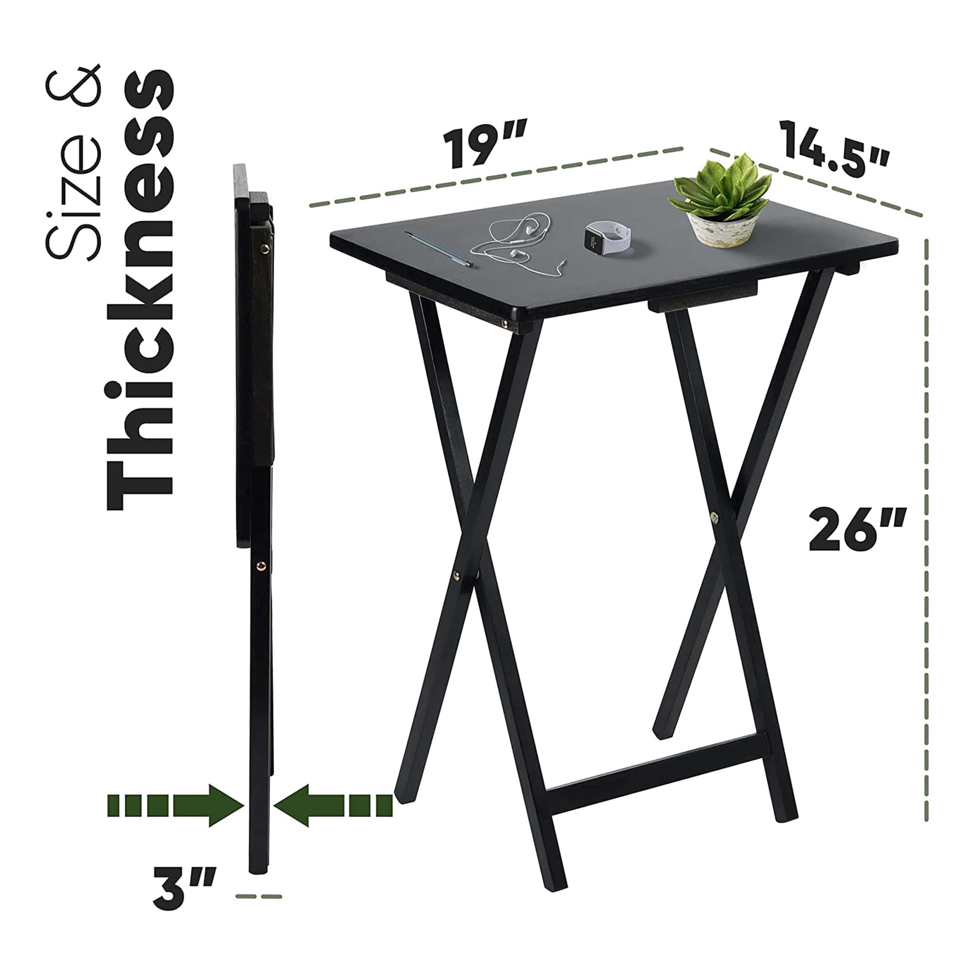 Portable Folding TV Snack Tray Table - Solid Wood Construction Serving Stand with Sturdy Design - Black 8-Piece Set - Perfect for Movie Nights, Bedroom Snacking & Living Room Entertainment