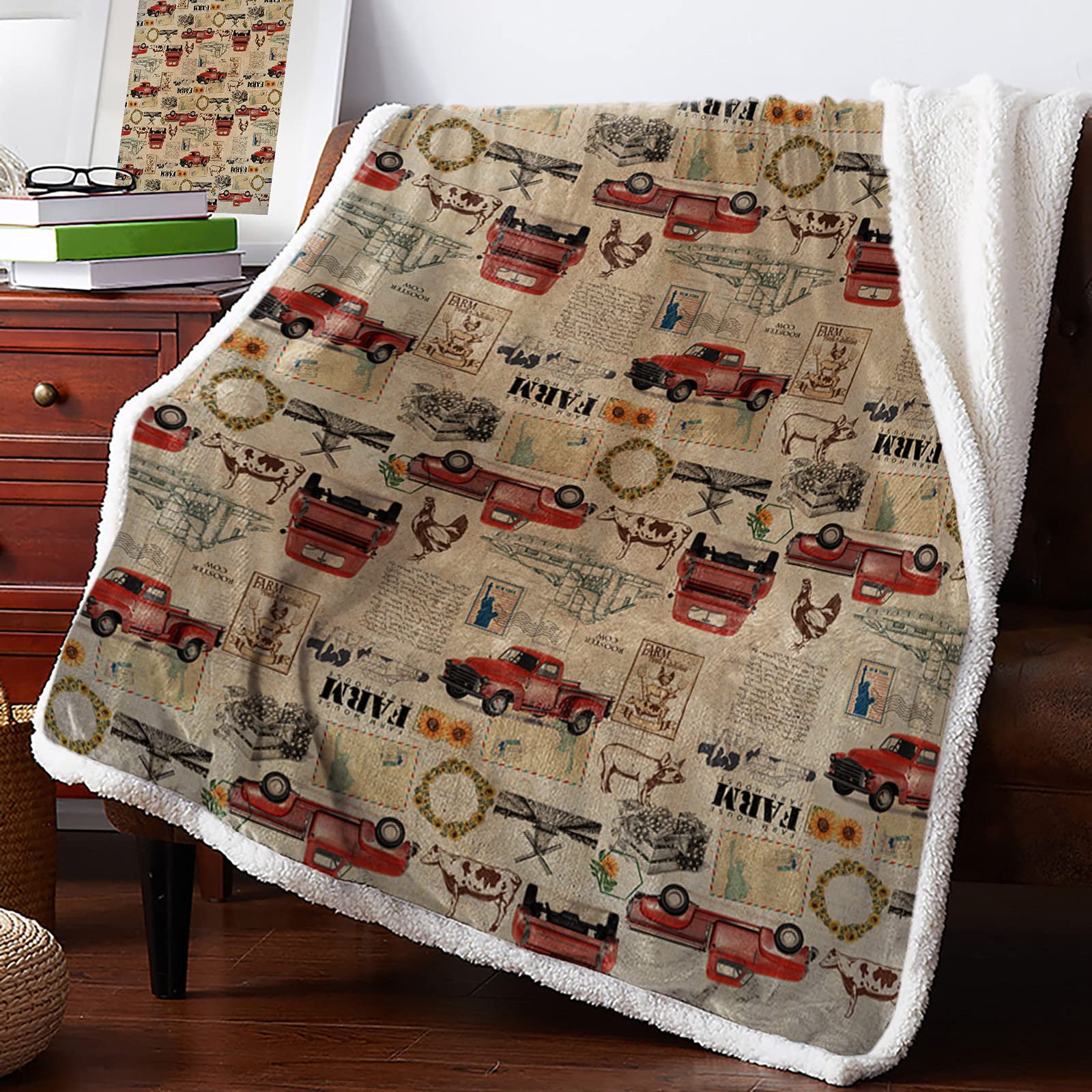 T&H XHome Sherpa Fleece Throw Blanket - Ultra Soft & Warm Reversible Microfiber Blanket (60x80 Inches) for Bed, Couch, Sofa - Farmhouse Truck & Cow Rooster Design - Perfect for Home Decor, Travel & All Seasons