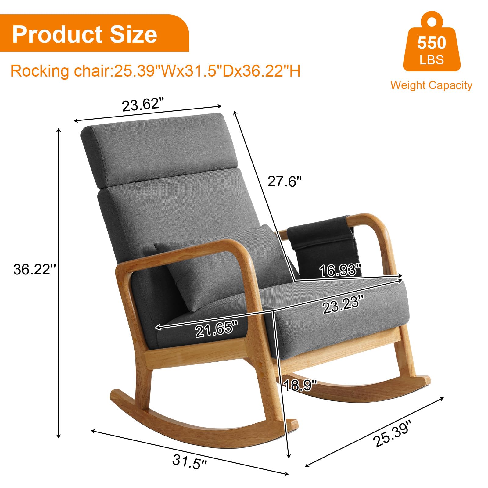 BEDHOURS Upholstered Nursery Glider Rocking Chair with High Backrest - Comfortable Armchair with Side Pocket & Pillow - Accent Chair for Living Room, Bedroom, Nursery (Light Gray) - Perfect for Breastfeeding, Reading & Relaxing