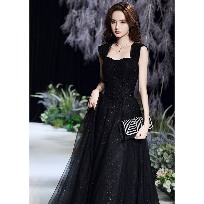Elegant Black Off Shoulder A-Line Long Prom Evening Dress for Women - Perfect for Formal Events, Dances & Special Occasions