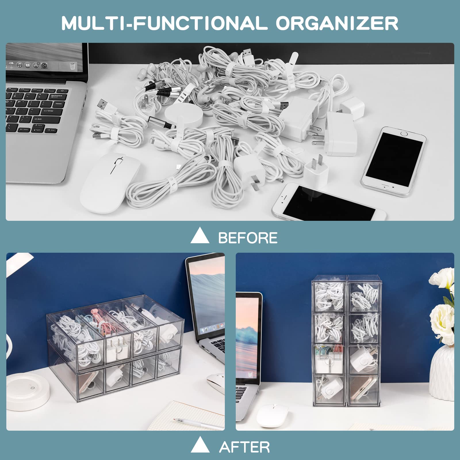 Yesesion 2-Pack Clear Cord Organizer - Cable Storage Box with 40 Wire Ties for Desk & Office Organization