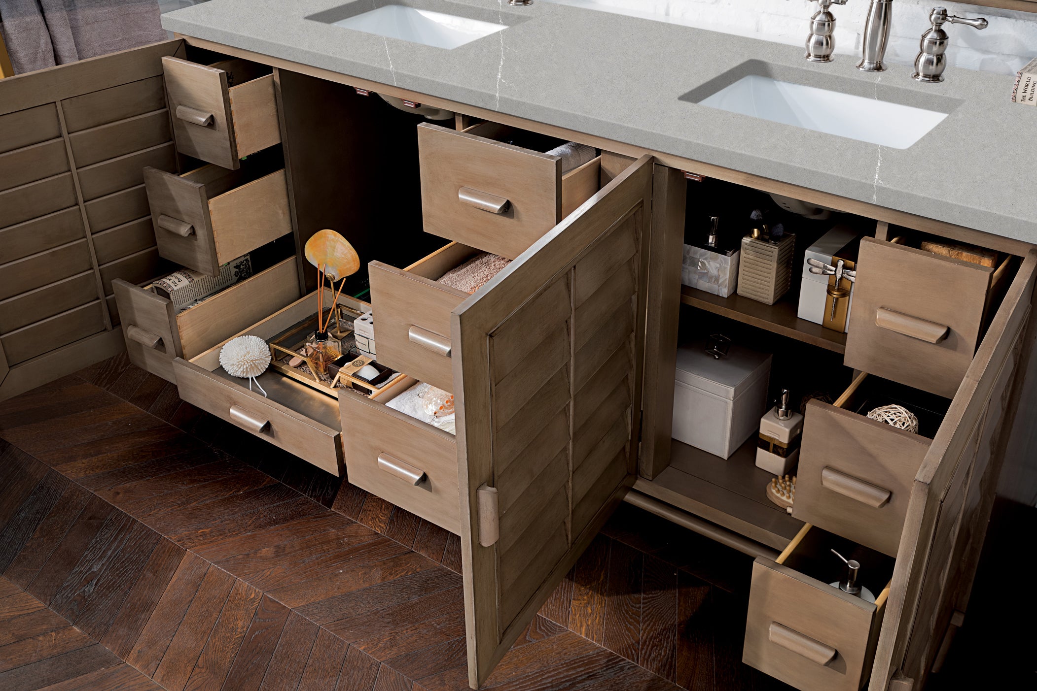 Portland 72 Inch Double Vanity with Whitewashed Walnut Finish and 3CM Eternal Serena Quartz Countertop - Perfect for Bathroom Renovation & Modern Home Decor