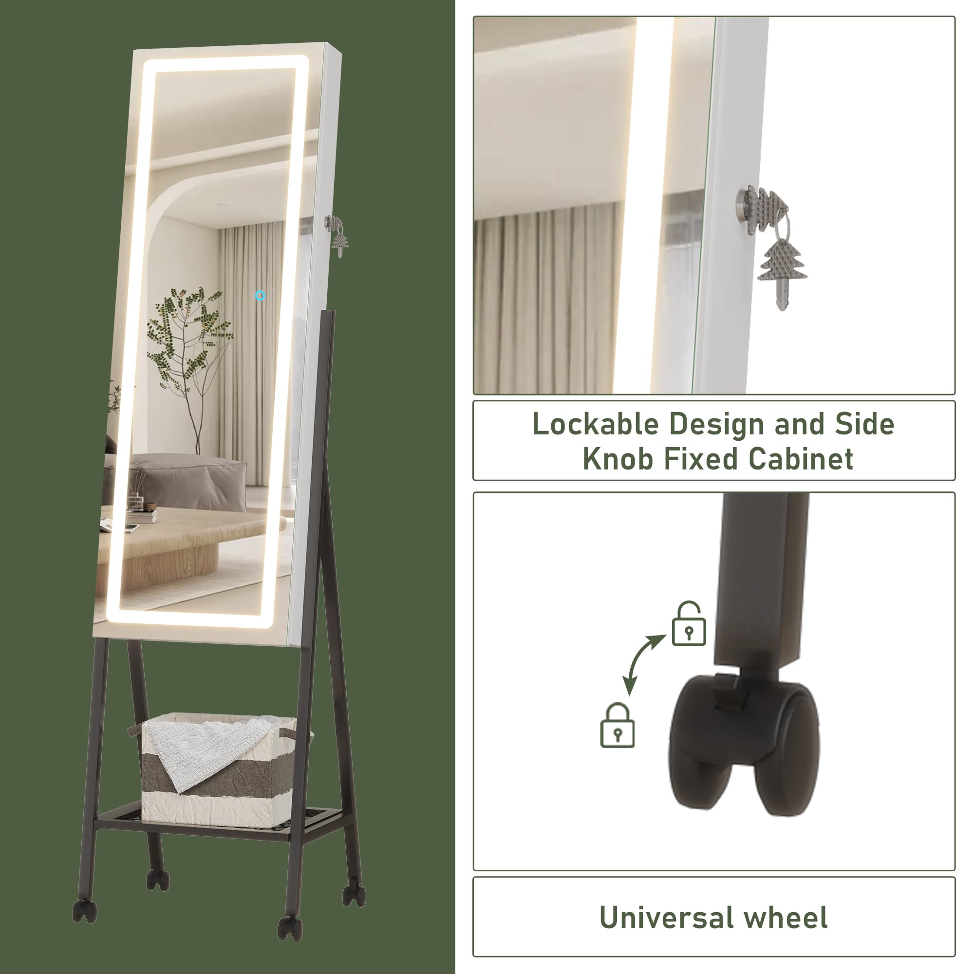Full-Length LED Standing Mirror with Jewelry Storage - Smart Touch Control, 6 Color Lighting Options, Lockable Cabinet & Removable Wheels for Bedroom, Dressing Room, and Closet Organization