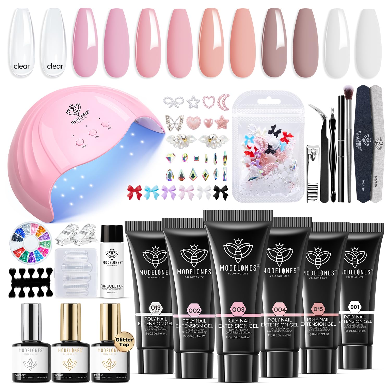 Modelones Poly Nail Gel Kit - 6 Colors Poly Extension Gel (Clear, Pink, White) with 48W UV/LED Lamp, 3D Nail Charms, Builder Slip Solution - Complete Nail Manicure & Pedicure Supplies for Beginners - Perfect for Home Salon, DIY Nail Art & Professional Nail Extensions