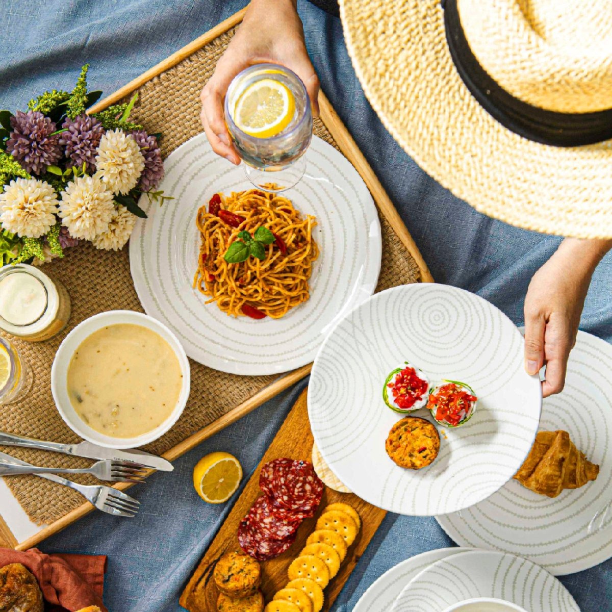 12-Piece White Melamine Dinnerware Set - Durable Planet-Themed Plates & Bowls for Outdoor Picnics, Camping, and Everyday Use