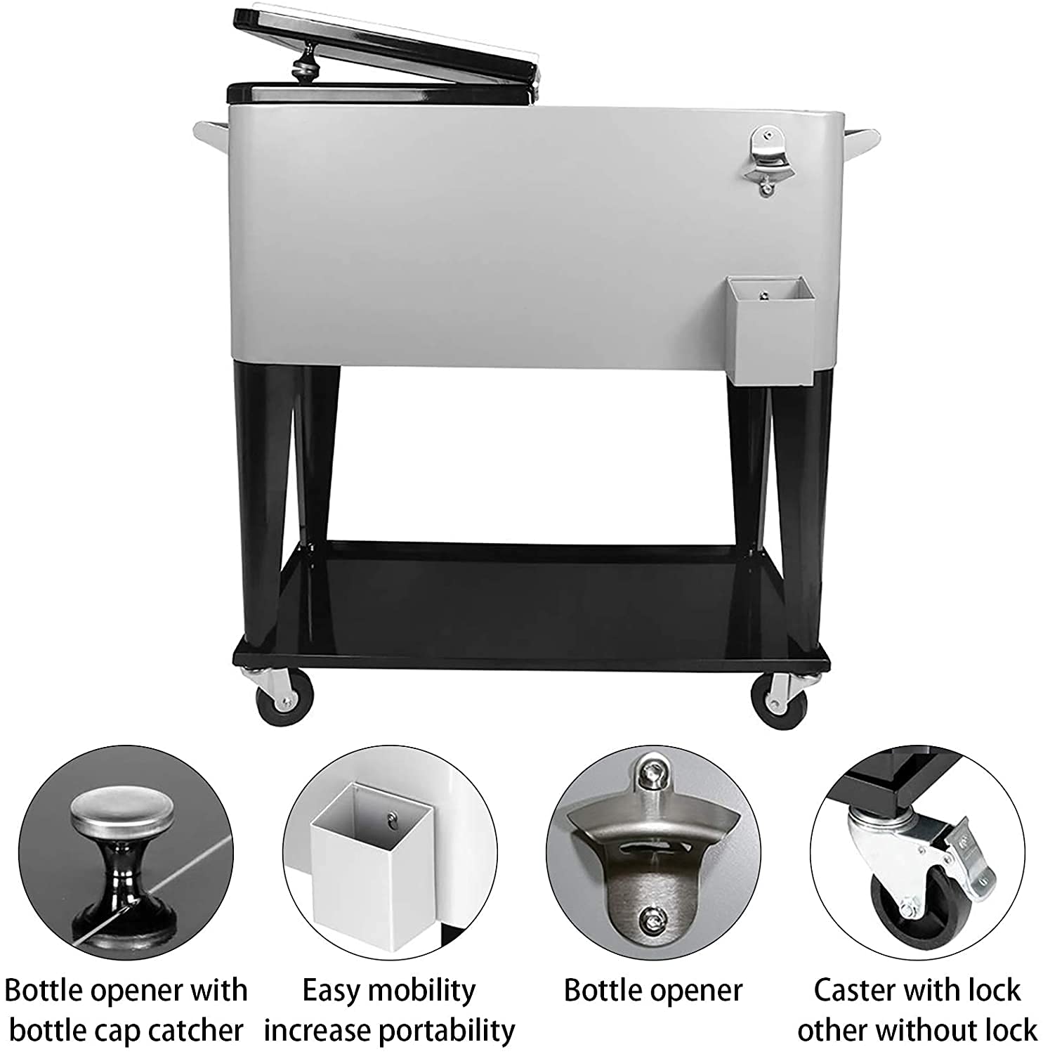 SHAREWIN 80QT Rolling Cooler Cart with Wheels - Large Capacity Outdoor Ice Chest for Backyard, Camping & Beach - Portable Beverage Cooler with Shelf & Bottle Opener for Pool Parties, Tailgating & Picnics