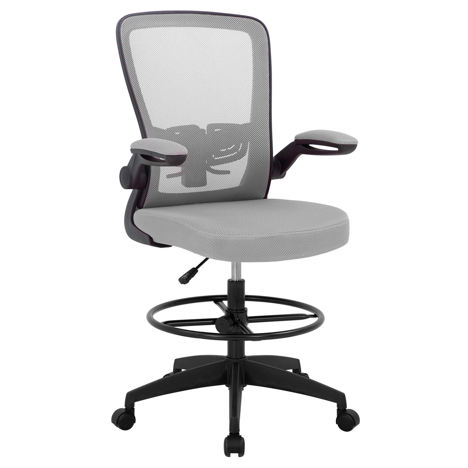 **Ergonomic Drafting Chair - Adjustable Height Office Chair with Lumbar Support, Armrests & Footrest - Mesh Back Swivel Rolling Stool for Standing Desk, Computer Work & Home Office (Grey)**    *(Perfect for Architects, Designers, Gamers & Long-Hour Work Sessions)*