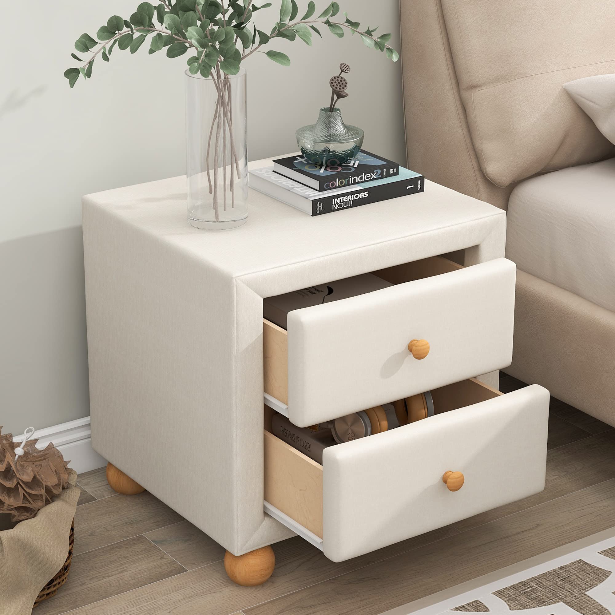 Modern Upholstered Nightstand Set of 2 - Storage Bedside Table with Natural Wood Knobs & Solid Wood Legs - Bedroom & Living Room End Table (Beige, 2 Drawers) - Perfect for Small Spaces & Apartment Decor