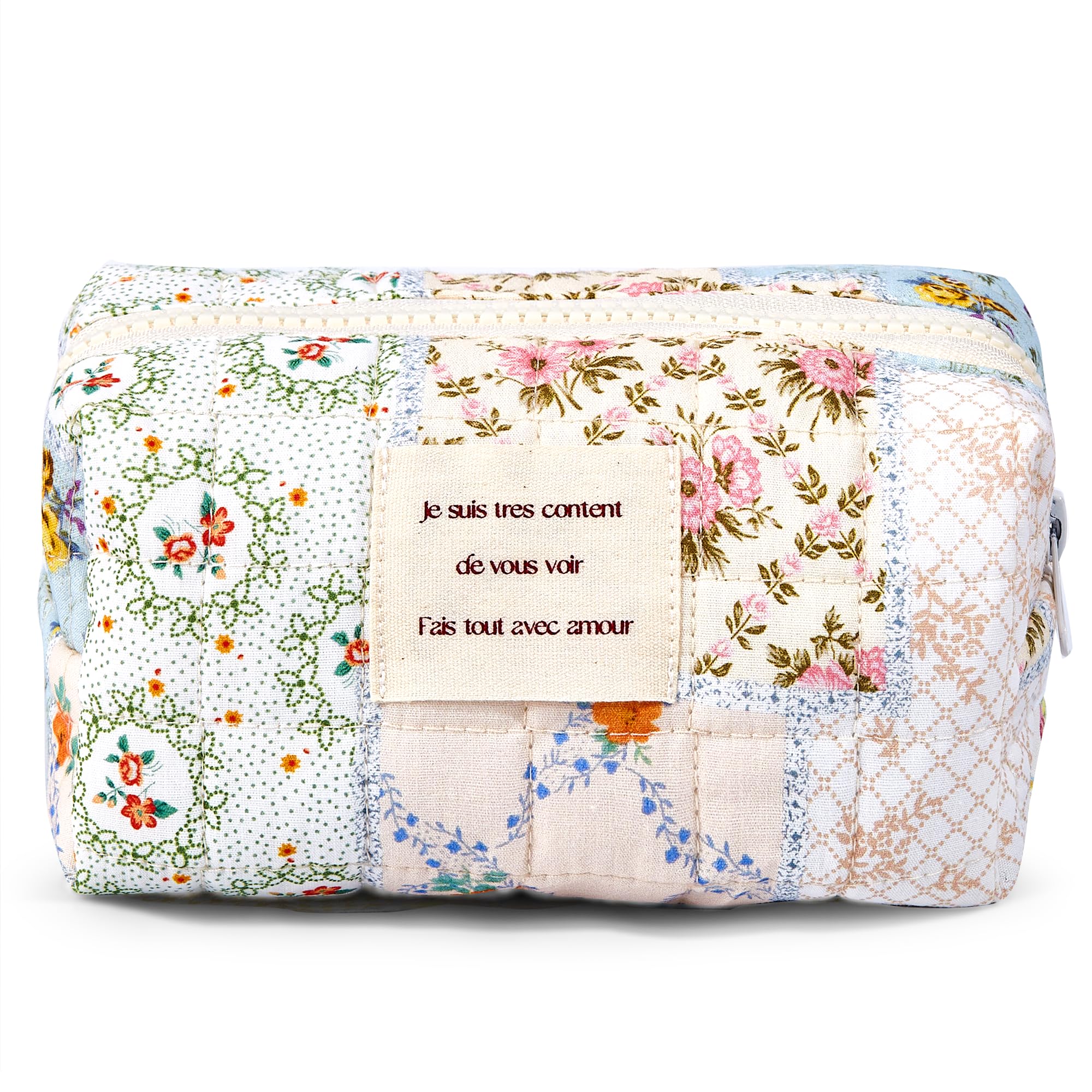 Floral Makeup Bag Small Cotton Quilted Cosmetic Pouch - Aesthetic Preppy Travel Organizer for Women & Girls | Perfect for Toiletries, Makeup Storage & Travel Accessories (Blue Floral, Small)