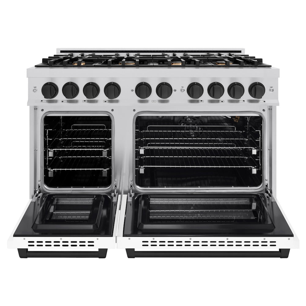ZLINE Autograph Edition 48 Inch 6.7 Cu Ft Double Oven Gas Range with 8 Burner Cooktop - Stainless Steel with White Matte Doors & Black Accents (HGRZ WM 48 MB) - Perfect for Large Kitchens & Professional Cooking