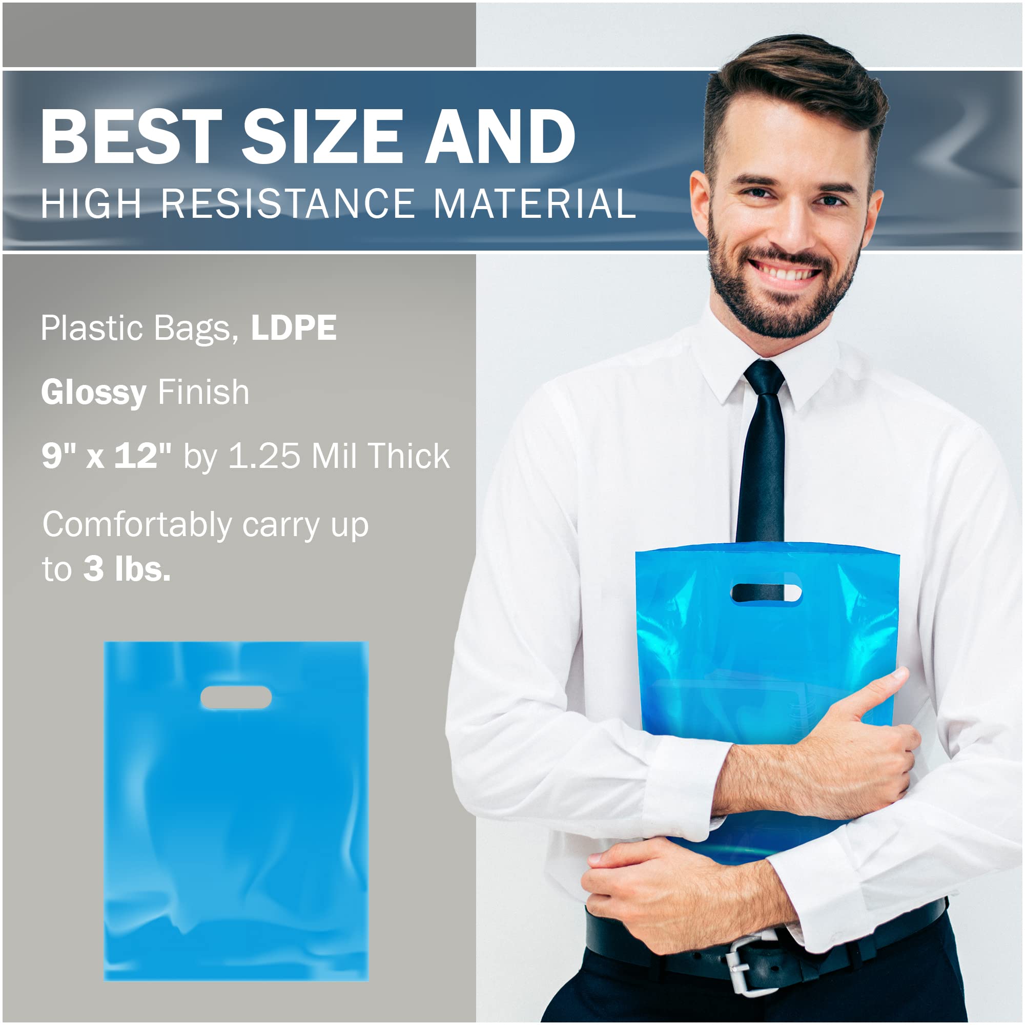 100 Pack Blue Glossy Plastic Shopping Bags with Handles 9x12x1.25 Inches - Bulk Merchandise Bags for Boutique, Retail Store, Gift Shop & Toy Store - Perfect for Packaging, Promotions & Customer Purchases