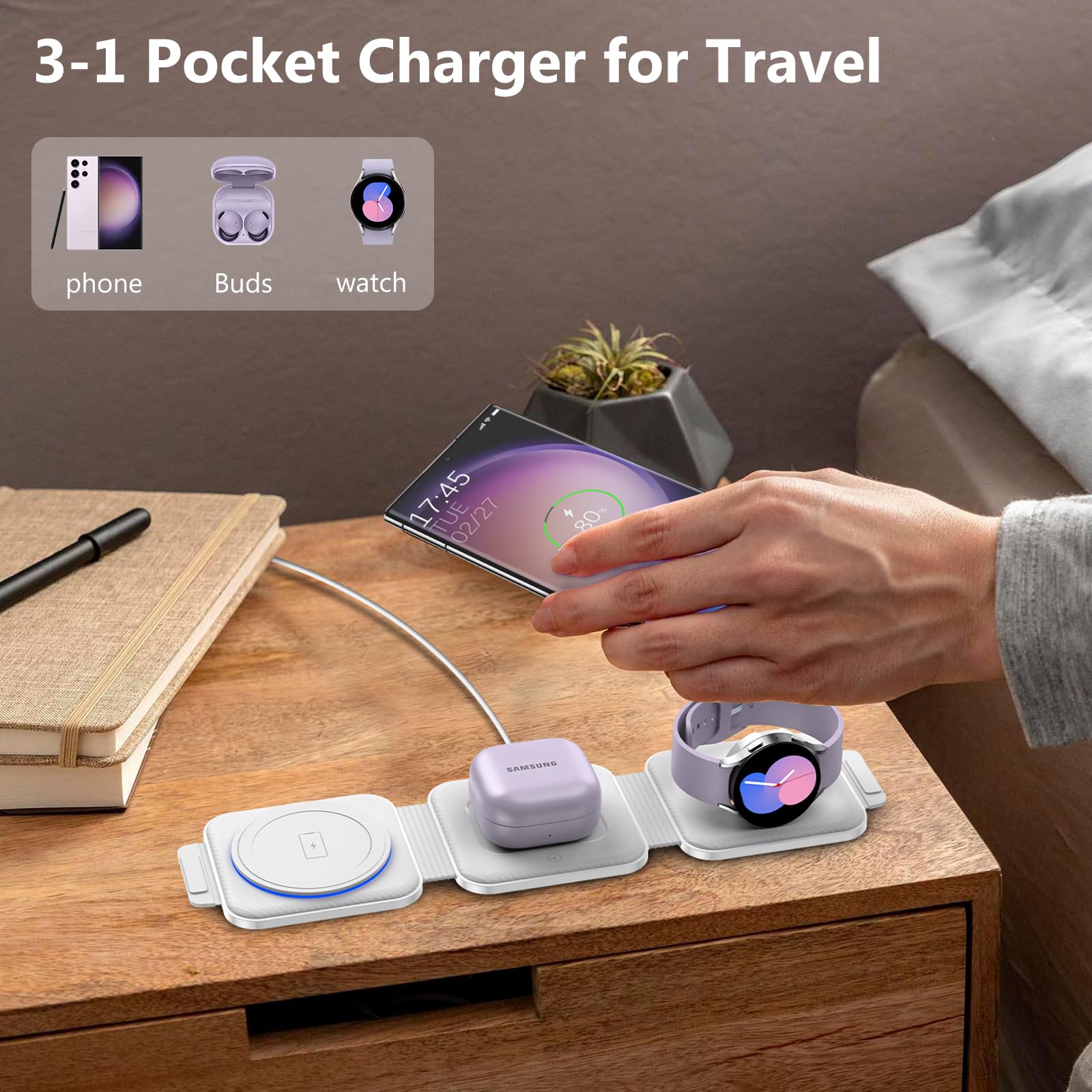 3-in-1 Foldable Fast Wireless Charging Station for Samsung Galaxy S25/S24/S23/S22/S21/Note20 | Compatible with Galaxy Watch 7/6/5/4/3 & Buds 3 | Multi-Device Travel Charger | Perfect for Home, Office & Travel Use