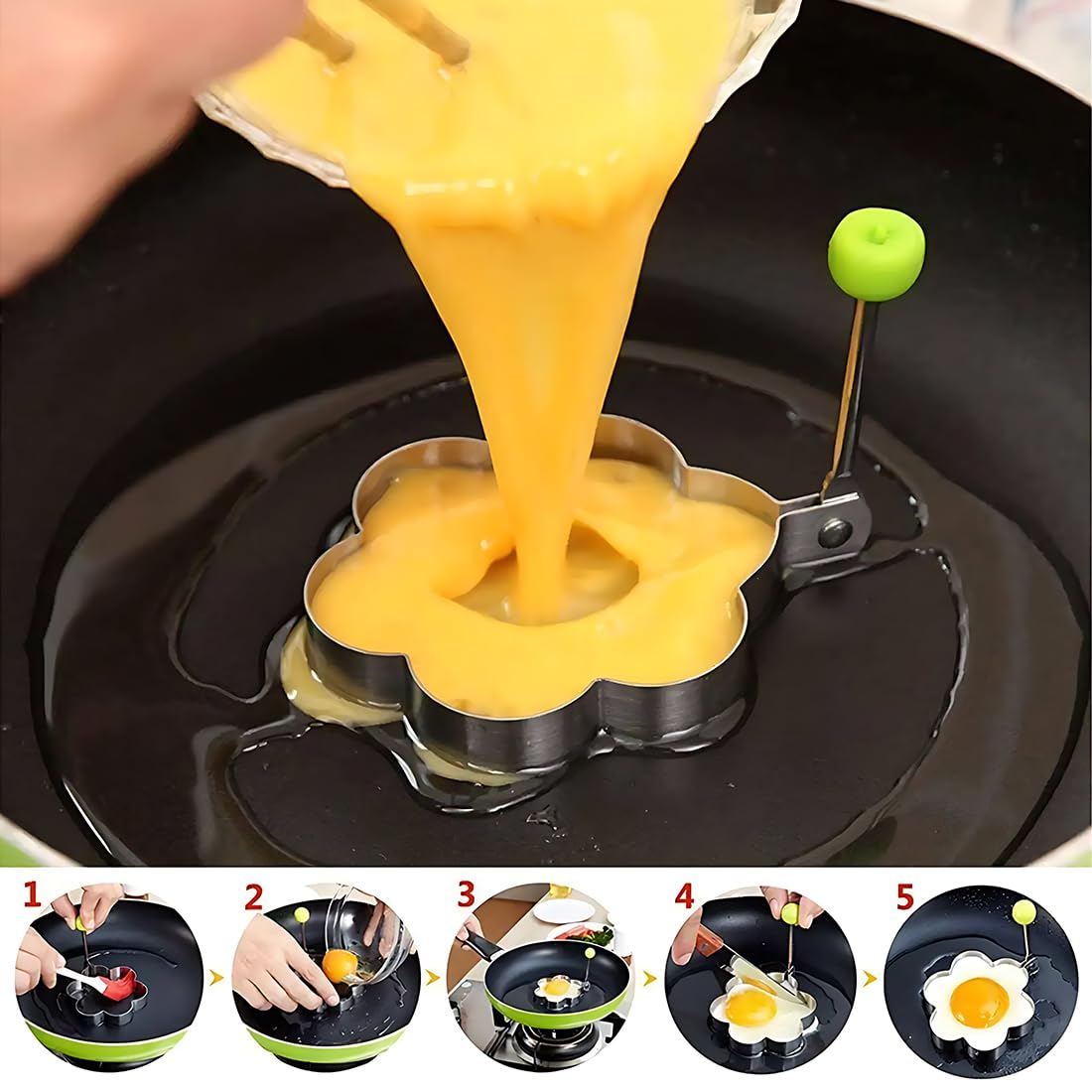 KXUSW 5-Piece Stainless Steel Pancake & Egg Mold Set - Non-Slip Omelette, Poached Egg & Pancake Shapers - Perfect for Breakfast, Brunch & Kids Cooking (5 Shapes)