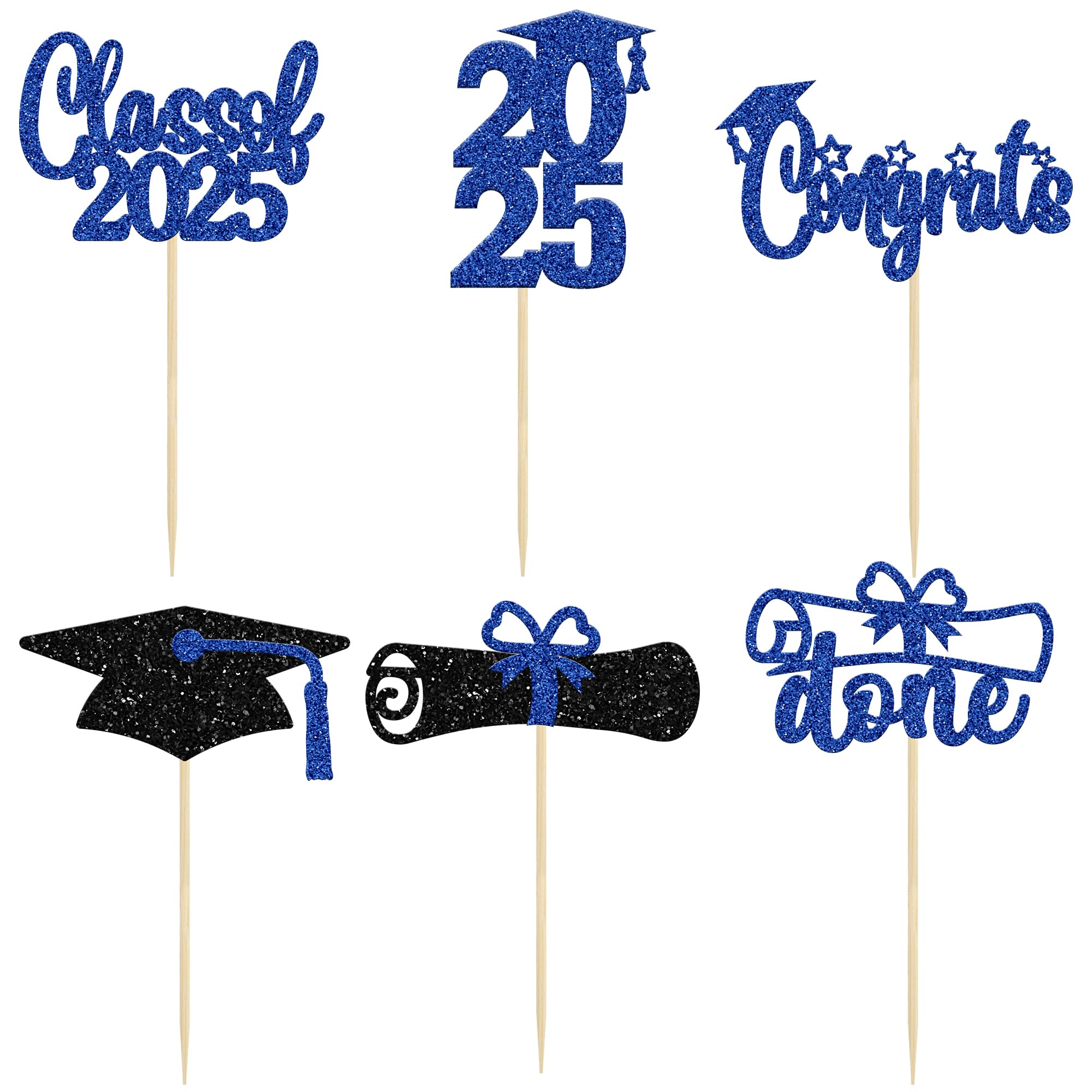 24 Pack 2025 Graduation Cupcake Toppers - Blue Glitter Congrats Class of 2025 Diploma Grad Cap Cake Decorations - Perfect for Graduation Party, School Celebration & Dessert Table Decor