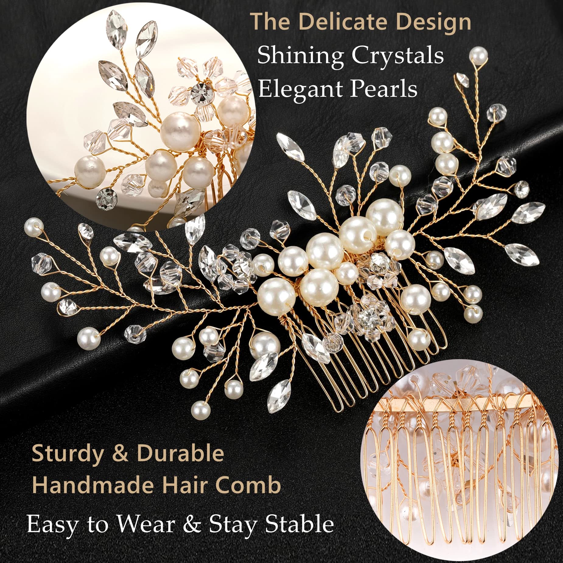 Elegant Pearl Crystal Rhinestone Wedding Hair Comb & 4 Hairpins Set - Bridal Hair Accessories for Bride, Bridesmaids & Women (Gold, 5-Piece) - Perfect for Weddings, Prom, Parties & Special Occasions