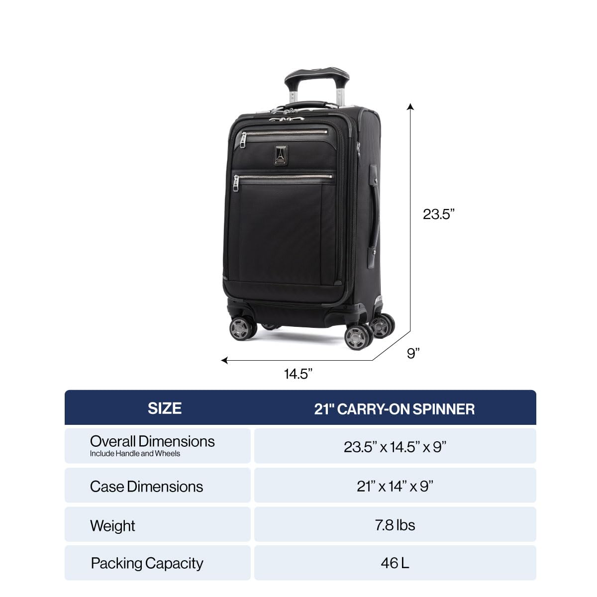 Travelpro Platinum Elite Expandable 21-Inch Carry-On Luggage with 8 Spinner Wheels, USB Charging Port & Suiter - Navy Blue Softside Suitcase for Men & Women | Perfect for Business Trips & Weekend Getaways