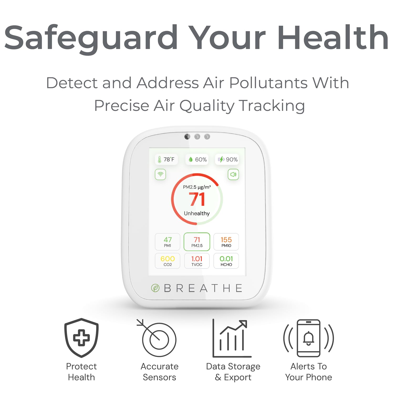 BREATHE Airmonitor Plus: 8-in-1 Smart Indoor Air Quality Monitor - CO2 Meter, Formaldehyde Detector, VOC Sensor, PM1/2.5/10, Temperature & Humidity Gauge with Mobile App - Perfect for Home, Office, Nursery & Bedroom Air Quality Testing