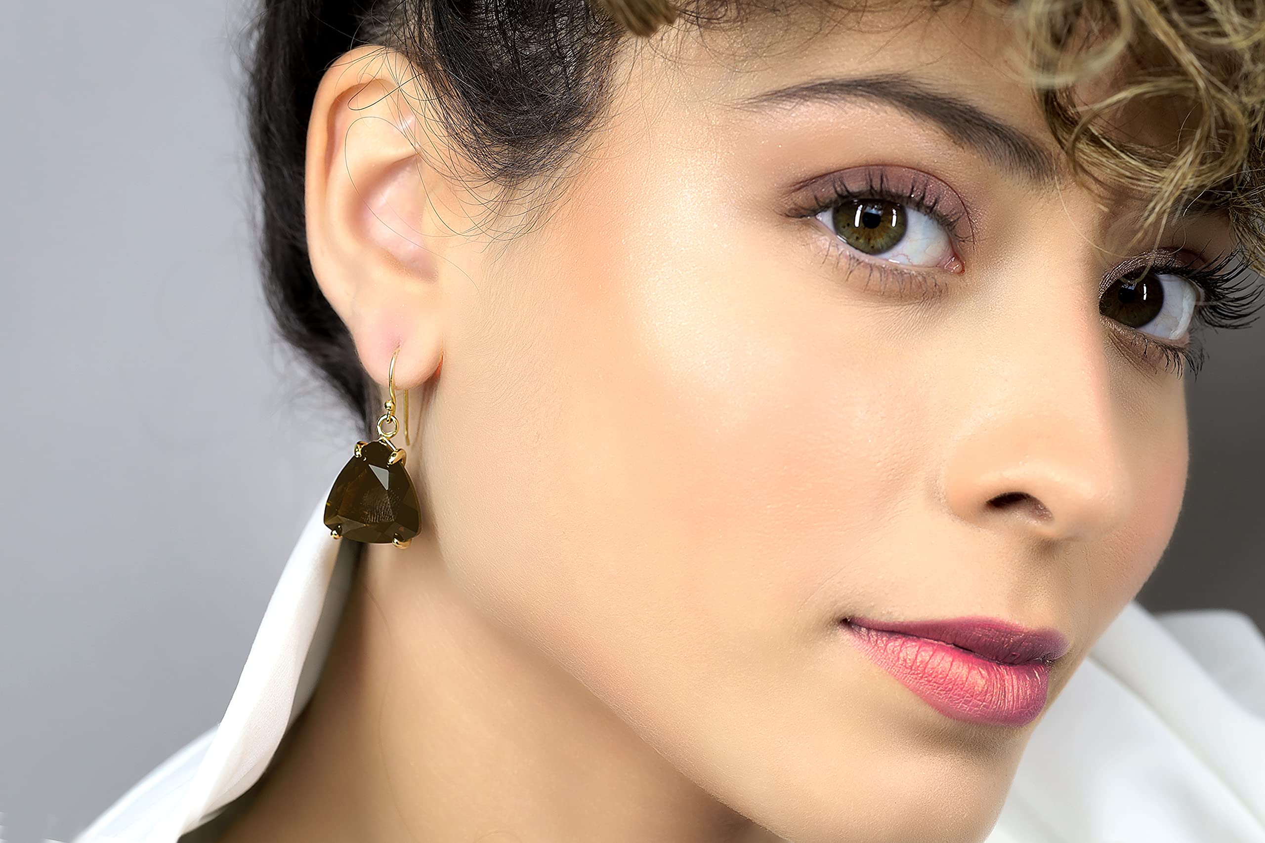 Smoky Quartz Gold Triangle Earrings | Trillion Cut Gemstone Dangle Earrings for Women | Elegant Semi-Precious Jewelry | Perfect for Evening Parties, Weddings & Special Occasions | Unique Gift for Birthday, Anniversary & Celebrations