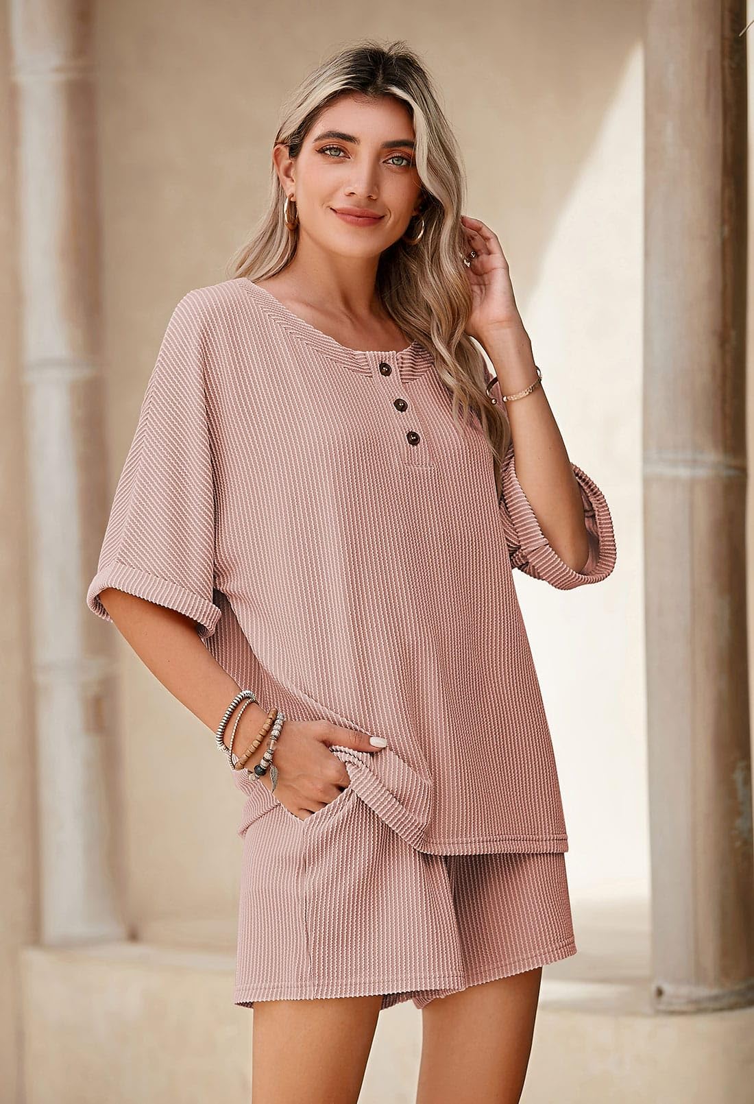 Pink Queen Women's 2-Piece Lounge Set - Soft Short Sleeve Pajama Set with Button Top & Comfortable Pants - Cozy Loungewear for Home, Travel & Casual Outings