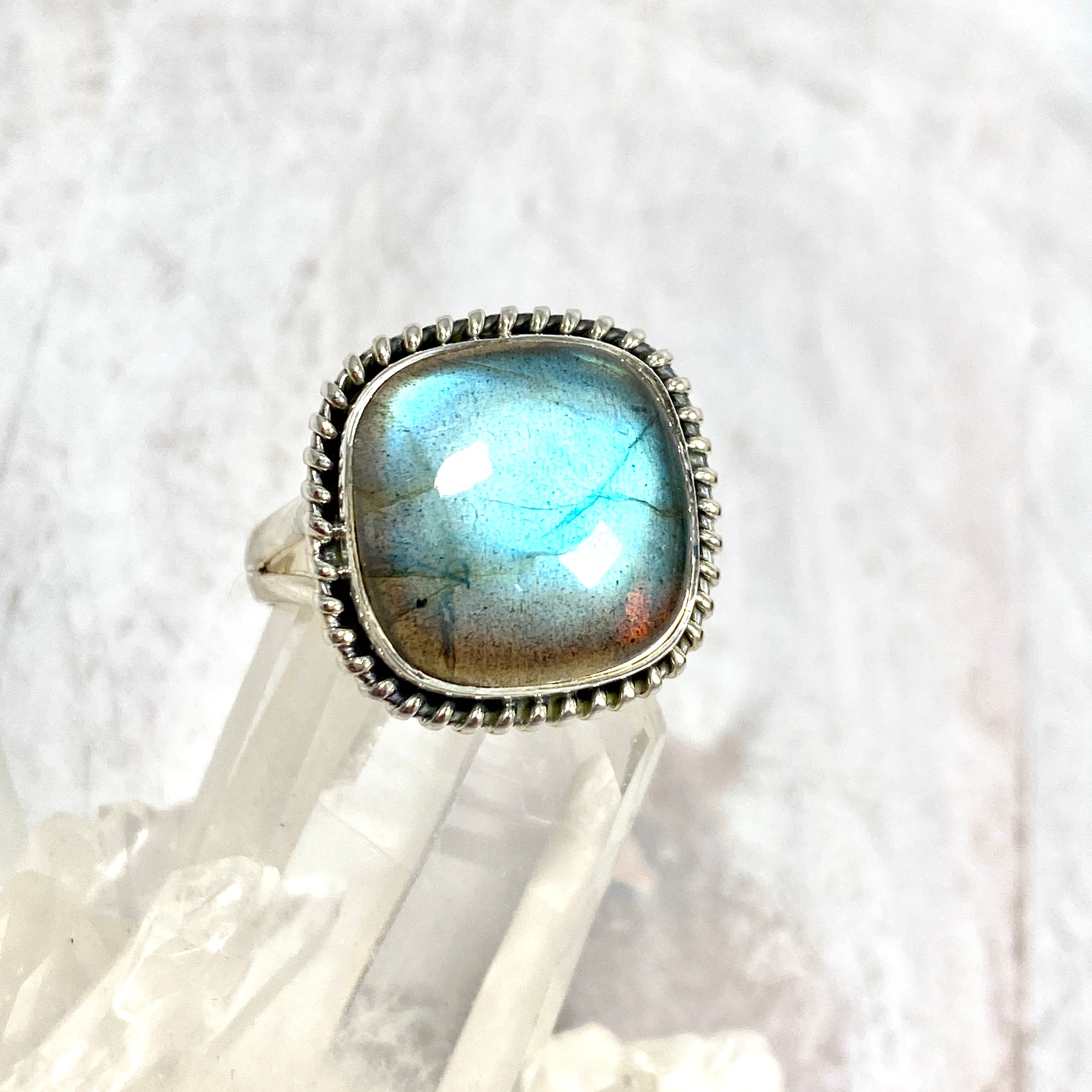 Labradorite Square Cabochon Filigree Ring - Size 9 - KRGJ2738 - Elegant Handmade Jewelry for Women, Perfect for Weddings, Parties & Special Occasions