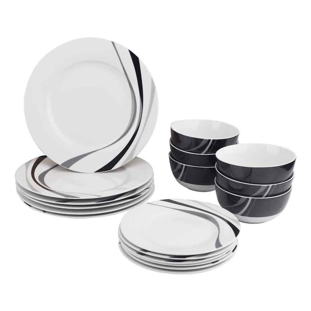 Amazon Basics 18-Piece Kitchen Dinnerware Set - 6 Plates, Bowls & Mugs, Durable Porcelain for Everyday Use | Complete Cookware Set with Non-Stick Pots, Pans & Utensils (15-Piece) | Perfect for Family Dinners, Entertaining Guests & Meal Prep