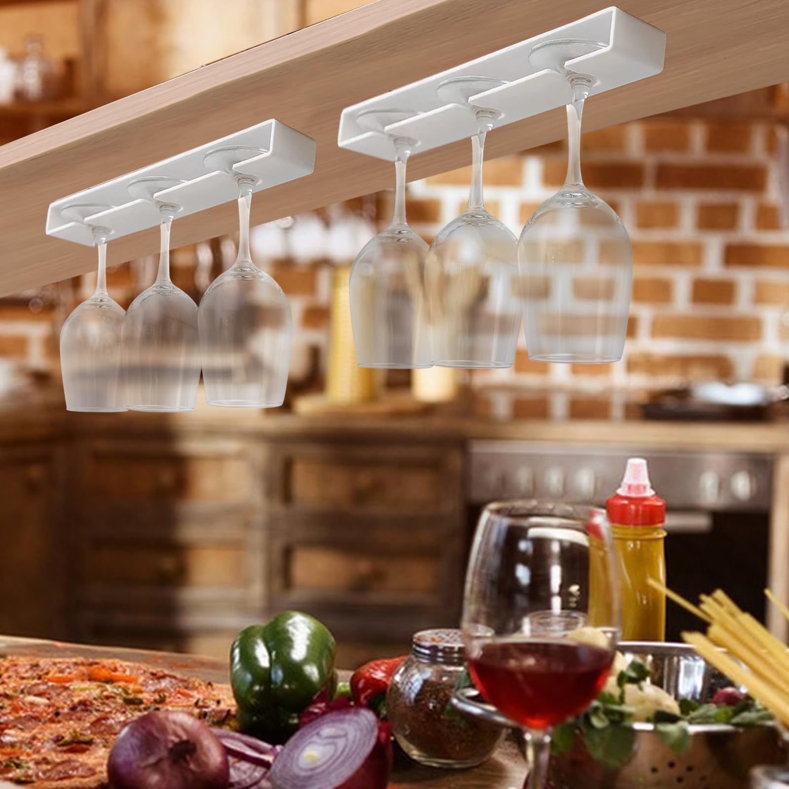 Stemware Rack Organizer - 2 Pack No Drill Wine Glass Holder Under Cabinet, Hanging Stemware Rack for Bar & Kitchen (Classic White) - Perfect for Wine Storage, Party Serving & Small Space Organization