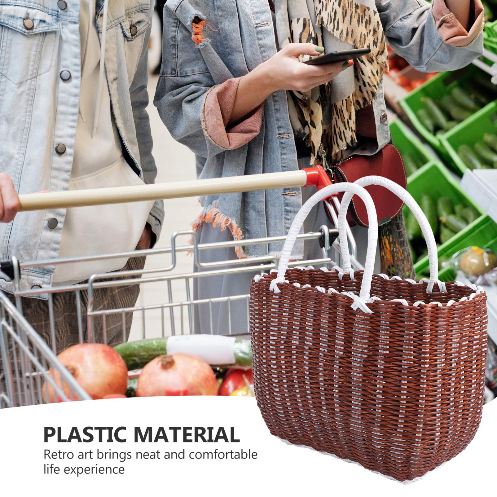 Eco-Friendly Plastic Woven Storage Basket with Handle - Rattan Style Shopping Tote for Groceries, Fruits & Home Organization - Perfect for Kitchen, Bathroom & Moroccan Market Shopping