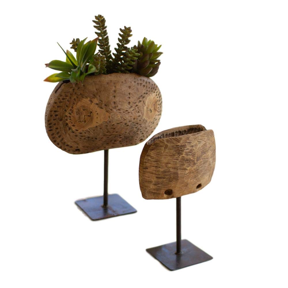 Reclaimed Wooden Cow Bell Planters Set of 2 with Metal Stand - Rustic Home Decor for Indoor Plants, Succulents & Herbs | Perfect for Farmhouse, Cottage & Garden Decor