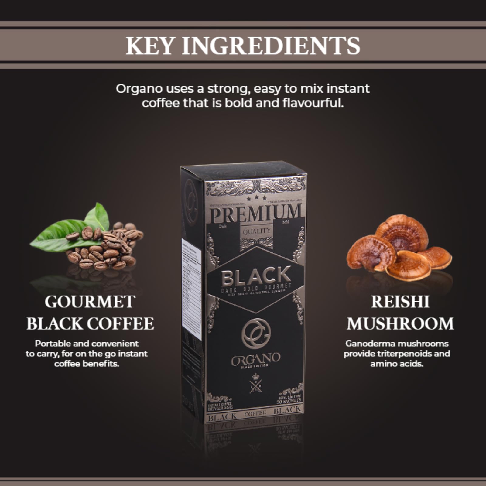 Organic Ganoderma Lucidum Mushroom Coffee - 3 Boxes (90 Sachets) | 100% Certified Organic Black Coffee with Reishi Mushroom | Perfect for Morning Boost, Office Energy & Healthy Lifestyle