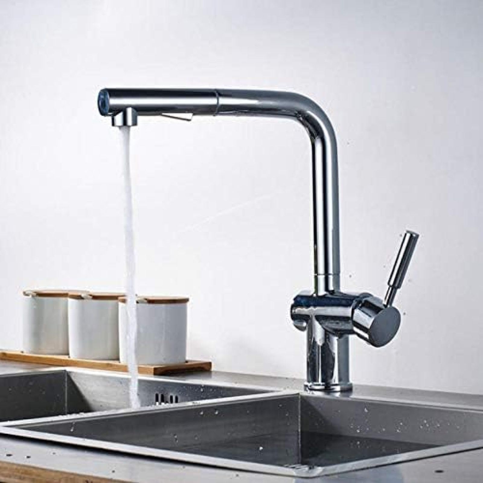 CRJUS Single Handle Pull Out Kitchen Faucet - Deck Mounted Hot and Cold Water Mixer Tap for Bathroom & Sink - Perfect for Modern Homes, RV, and Small Space Installations