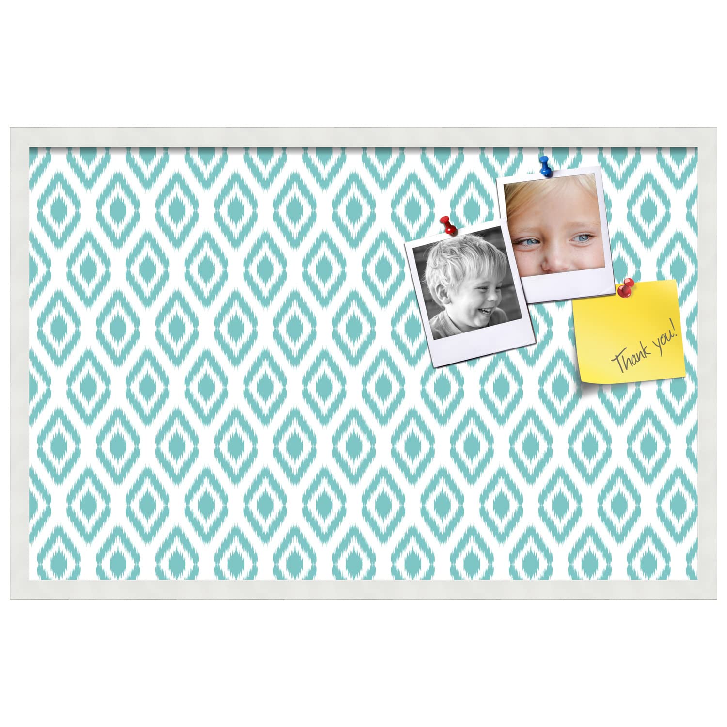PinPix 34x22 Inch Cork Bulletin Board with Ikat Aqua Design & Satin White Frame - Decorative Wall Pin Board for Home Office Decor, School Classroom, Dorm Room Organization & Message Display