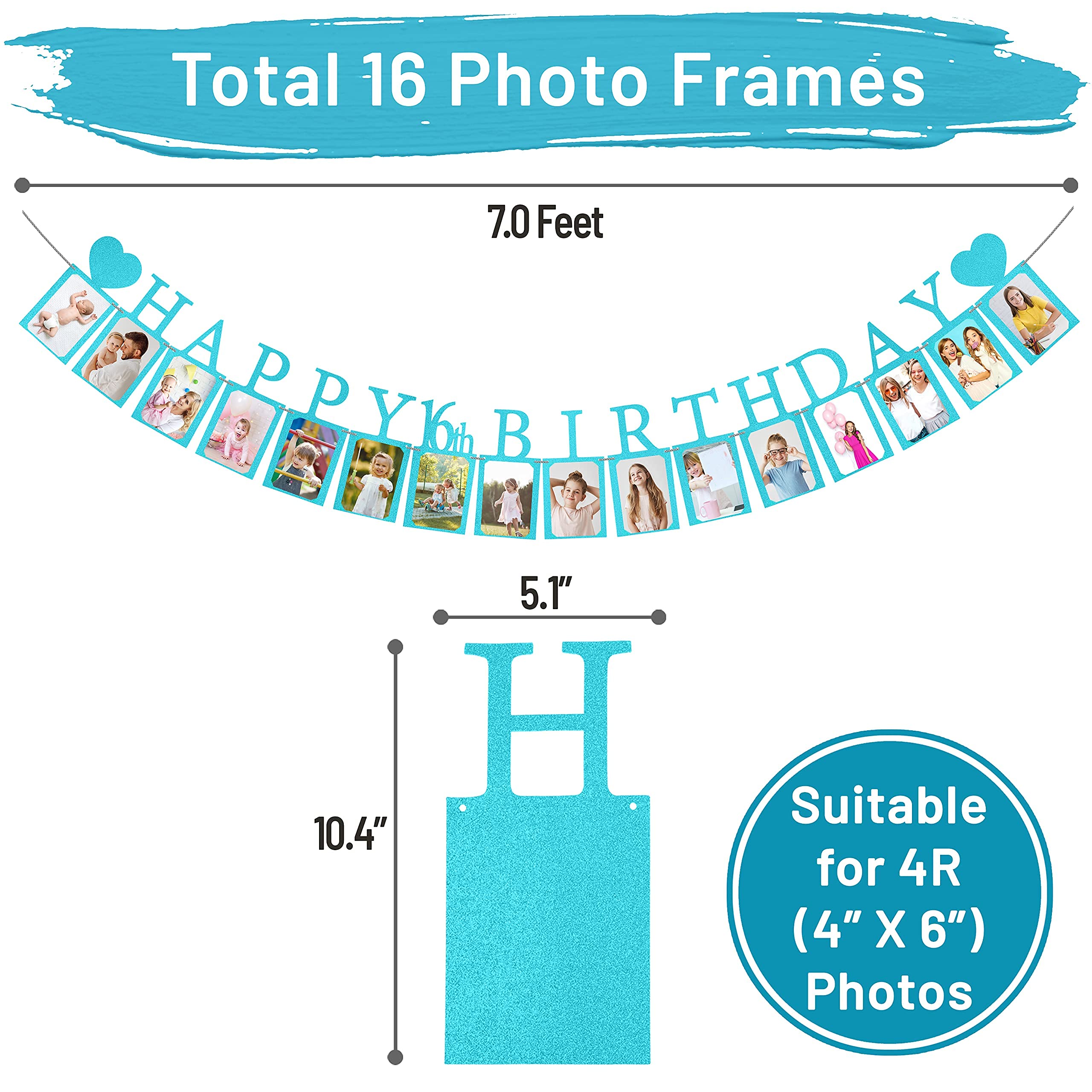 Blue Sweet 16 Birthday Party Decorations - Pre-assembled Photo Banner with 16 Card Frames & Signs - Perfect for Girls' Milestone Birthday Celebrations, Sweet 16 Parties, and Memorable Photo Backdrops