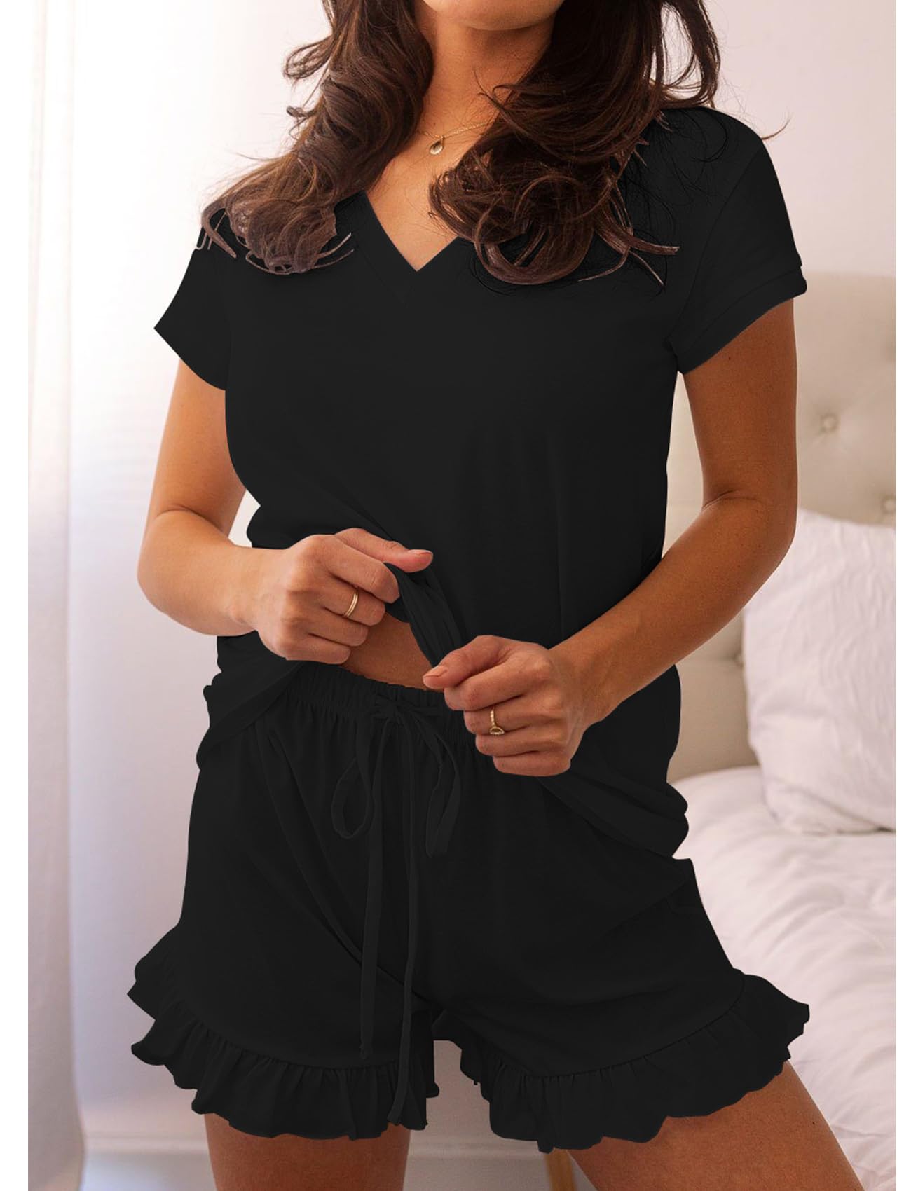 LuckyMore Women's Soft Short Sleeve V-Neck Pajama Set - Breathable Lounge Sleepwear with Casual Shorts for Summer Nights & Relaxing at Home