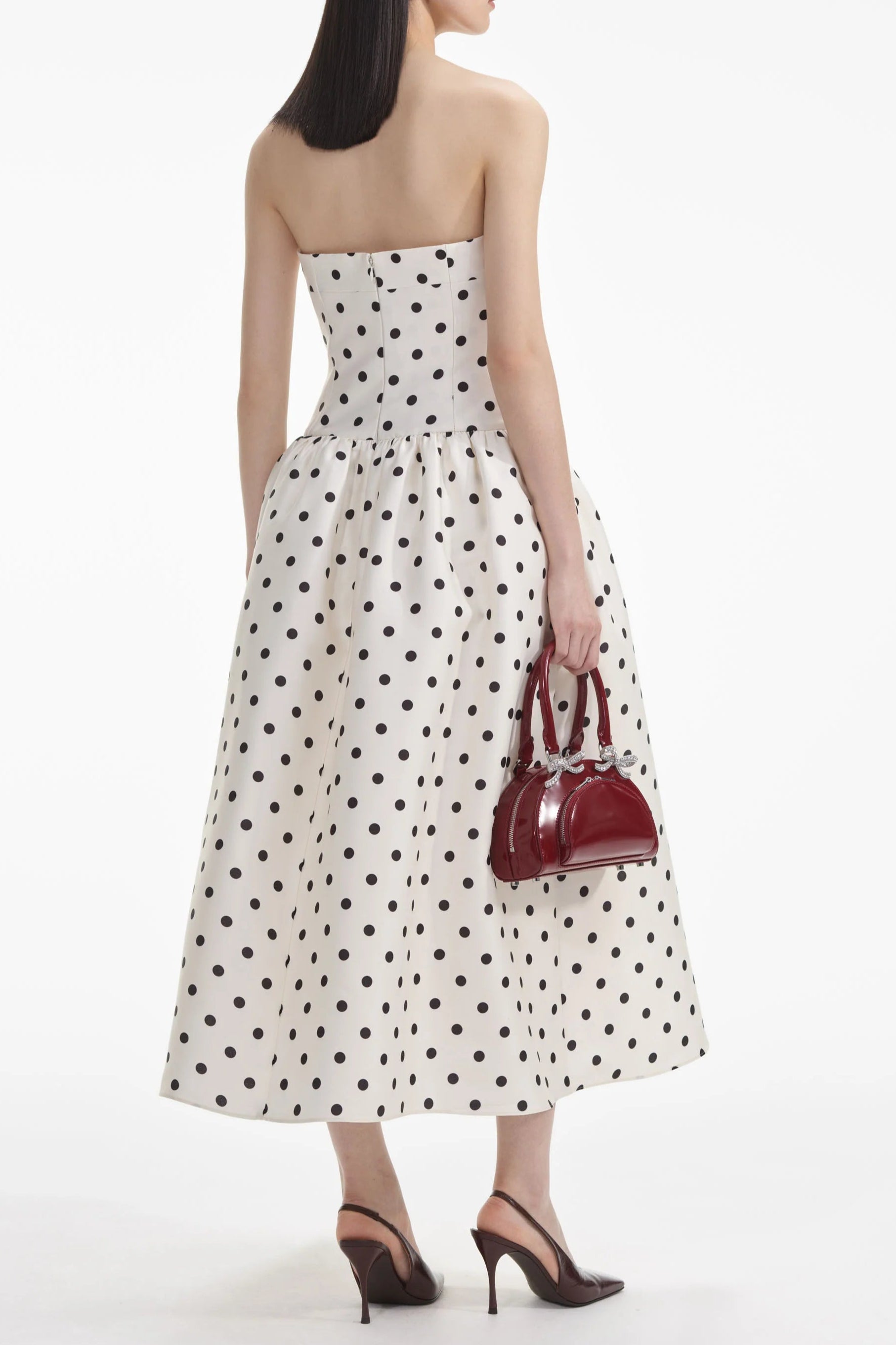 Polka Dot Taffeta Midi Dress for Women - Elegant Cream Floral Print Party Dress for Wedding, Cocktail & Special Occasions