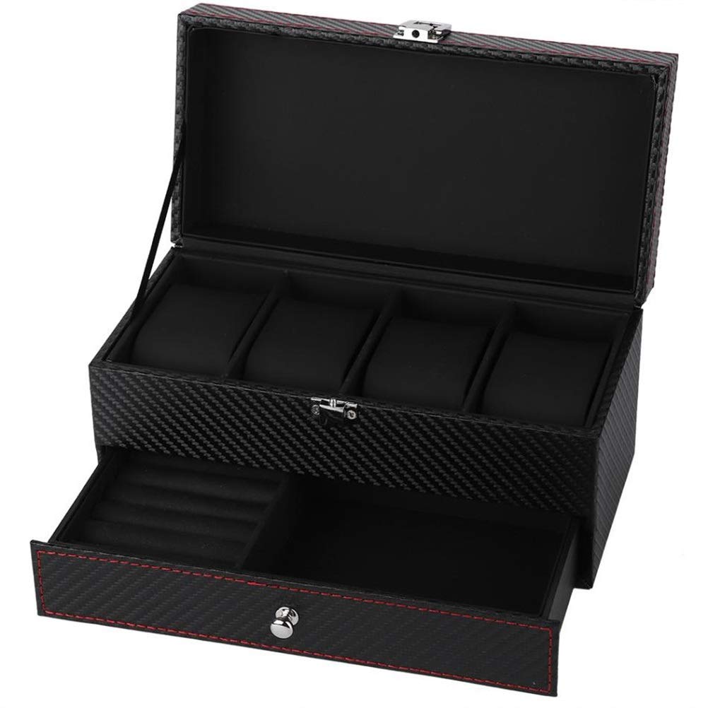 Premium 4-Grid Double Layer Watch Box - Carbon Fiber PU Leather Jewelry Organizer for Watches, Rings & Earrings - Luxury Display Case & Gift for Men & Women - Perfect for Travel, Home & Office Storage